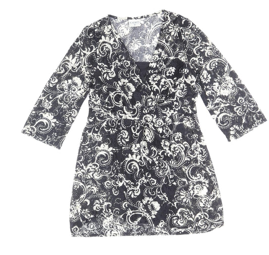 Kaliko Womens Black Paisley Polyester A-Line Size 10 V-Neck Pullover