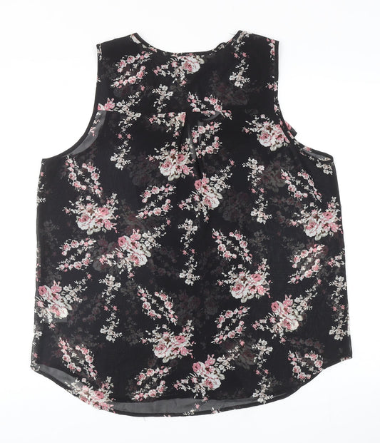 Daniel Rainn Womens Black Floral Polyester Basic Tank Size L Scoop Neck - Tie Neck