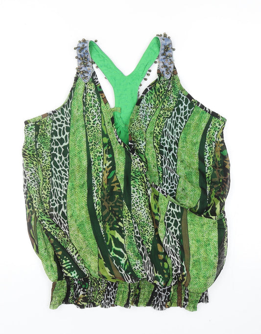 Jaune Rouge Womens Green Animal Print Polyester Wrap Tank Size M V-Neck - Leopard Print Faux Wrap Racerback