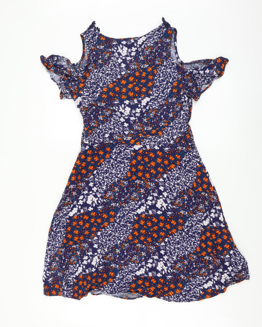 Peacocks Womens Multicoloured Floral Viscose Fit & Flare Size 8 V-Neck Zip - Cold Shoulder