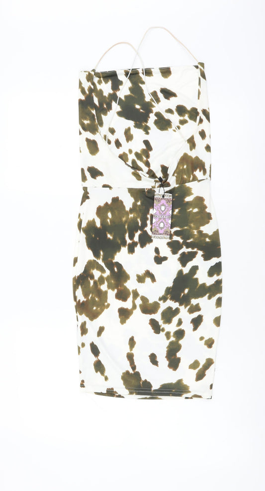 Boohoo Womens White Animal Print Polyester Mini Size 6 Cowl Neck Pullover