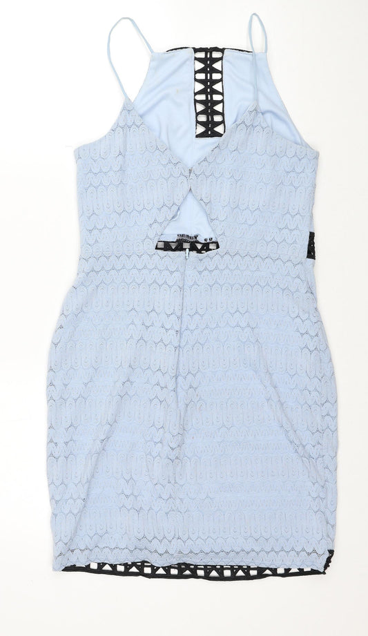 Topshop Womens Blue Cotton Bodycon Size 10 Square Neck Zip