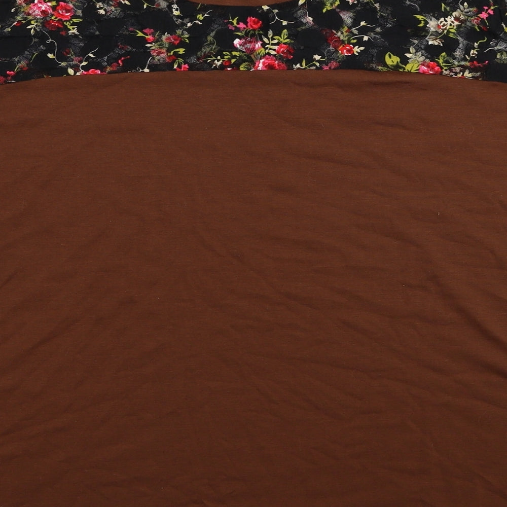 SheIn Womens Brown Floral Polyester Basic T-Shirt Size 2XL Round Neck