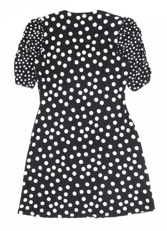 F&F Womens Black Polka Dot Viscose A-Line Size 10 V-Neck Button