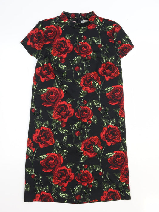 TU Womens Black Floral Polyester Sheath Size 8 Mock Neck Zip - Roses