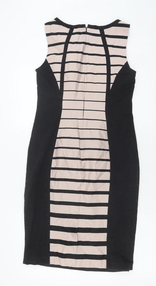 Marks and Spencer Womens Black Striped Cotton Pencil Dress Size 12 Round Neck Zip
