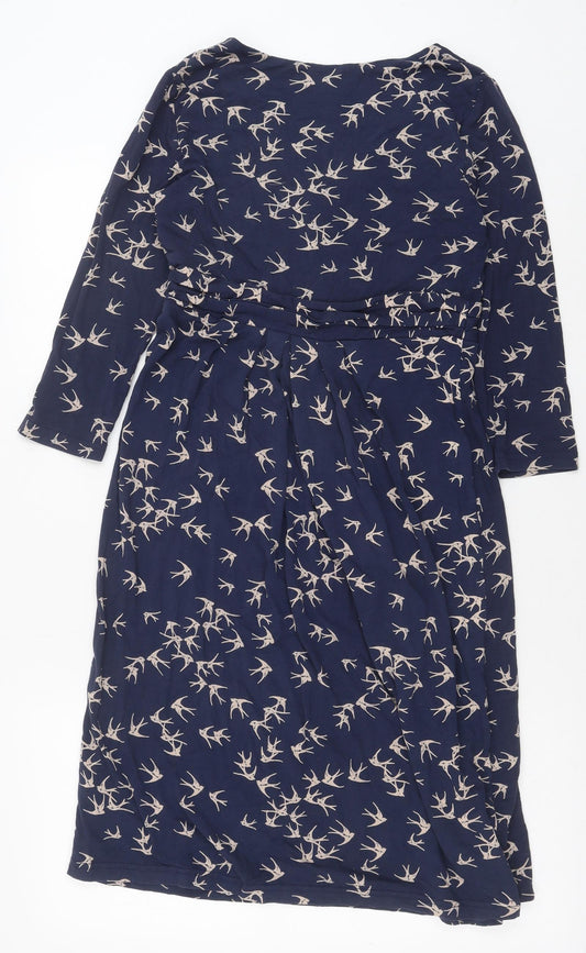 Monsoon Womens Blue Geometric Viscose A-Line Size 10 V-Neck Pullover - Birds