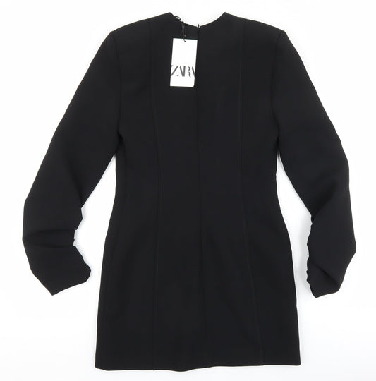 Zara Womens Black Polyester Sheath Size XS V-Neck Zip