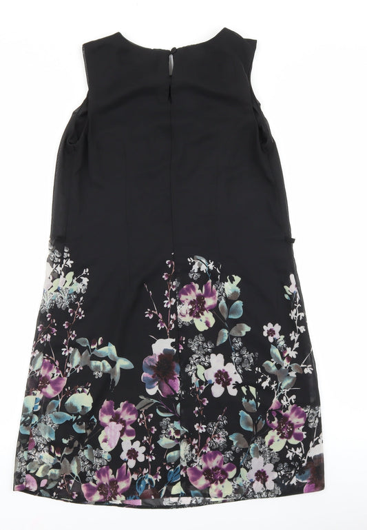 Primark Womens Black Floral Polyester Shift Size 6 Boat Neck Button
