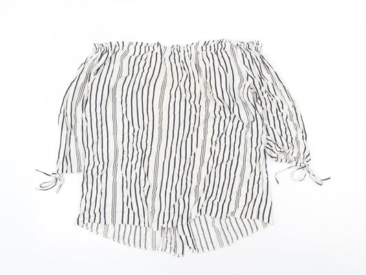 F&F Womens White Striped Viscose Basic Blouse Size 10 Boat Neck