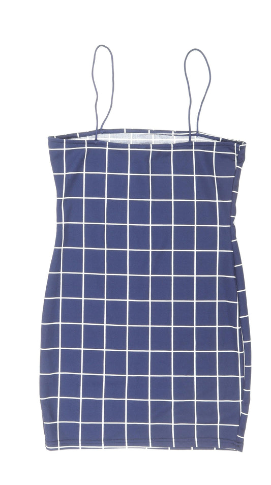 Zaful Womens Blue Check Polyester Mini Size M Square Neck Pullover
