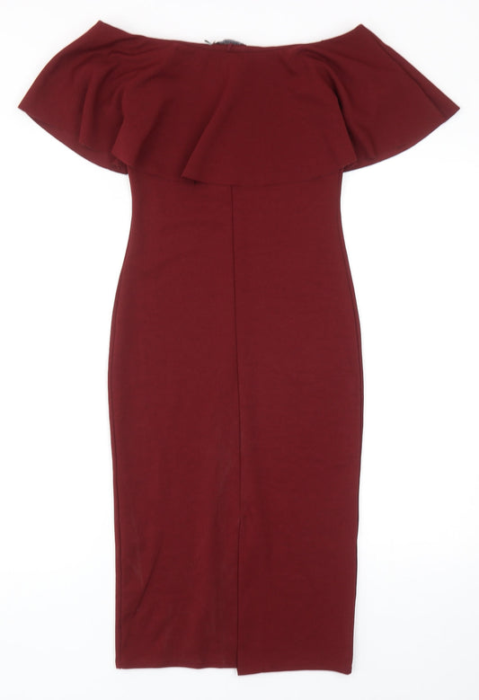 PRETTYLITTLETHING Womens Red Polyester Pencil Dress Size 8 Off the Shoulder Pullover