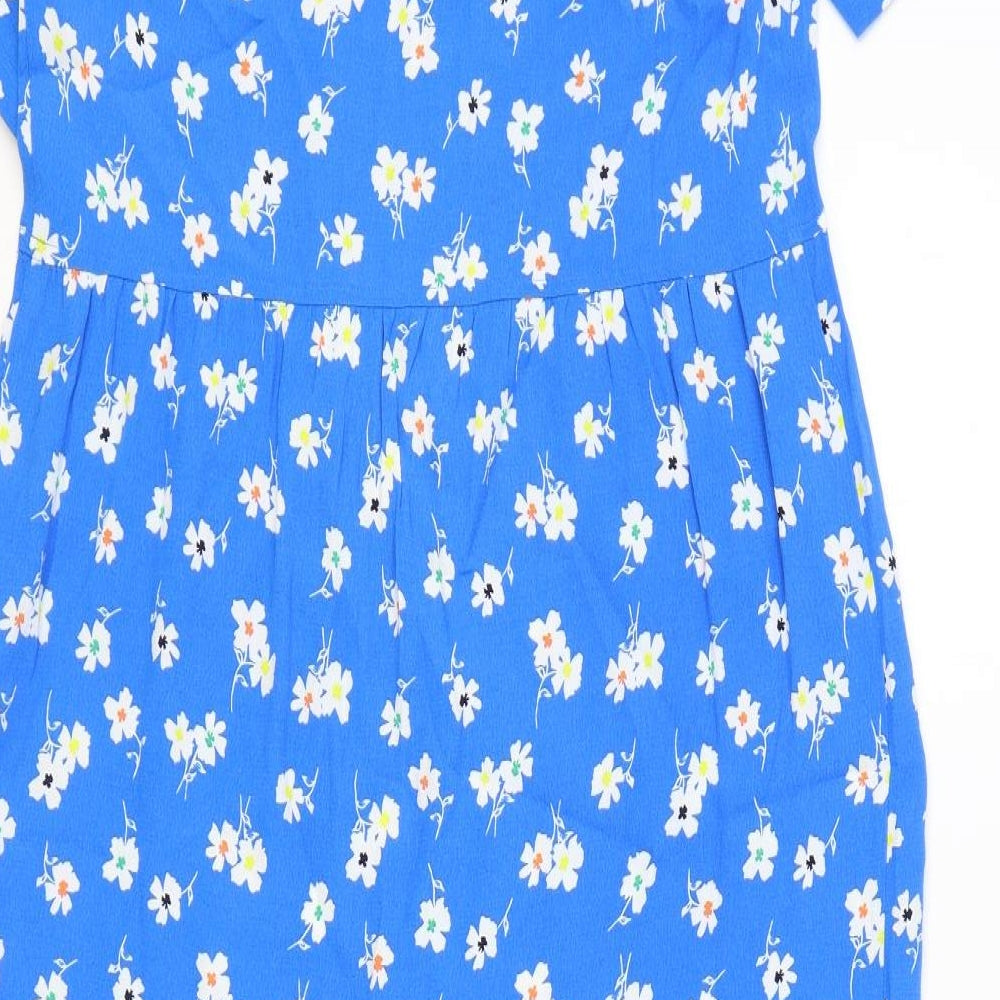 Marks and Spencer Womens Blue Floral Viscose A-Line Size 8 V-Neck Button