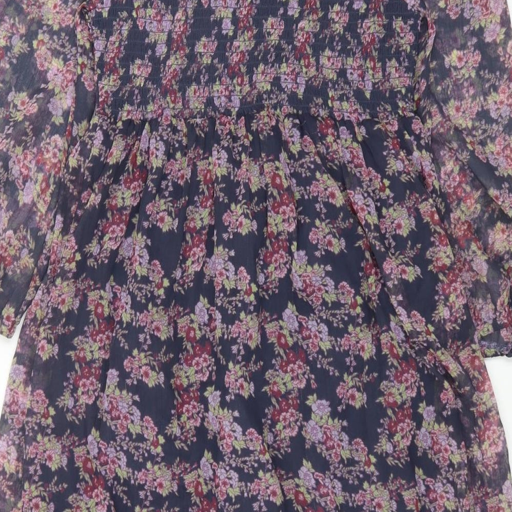 NEXT Womens Purple Floral Polyester A-Line Size 10 Square Neck Pullover - Shirred Top