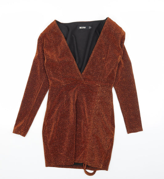 Misspap Womens Brown Polyester Bodycon Size 6 V-Neck Pullover