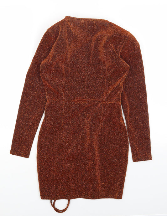 Misspap Womens Brown Polyester Bodycon Size 6 V-Neck Pullover