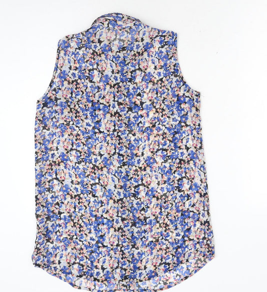 Primark Womens Blue Floral Polyester Basic Button-Up Size 8 Collared