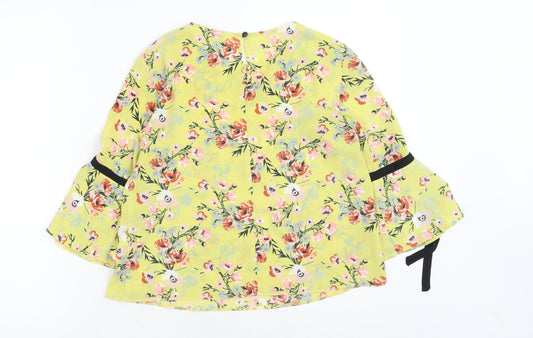 Miss Selfridge Womens Yellow Floral Polyester Basic Blouse Size 8 Round Neck