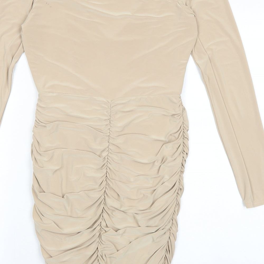 PRETTYLITTLETHING Womens Beige Polyester Bodycon Size 10 V-Neck Pullover