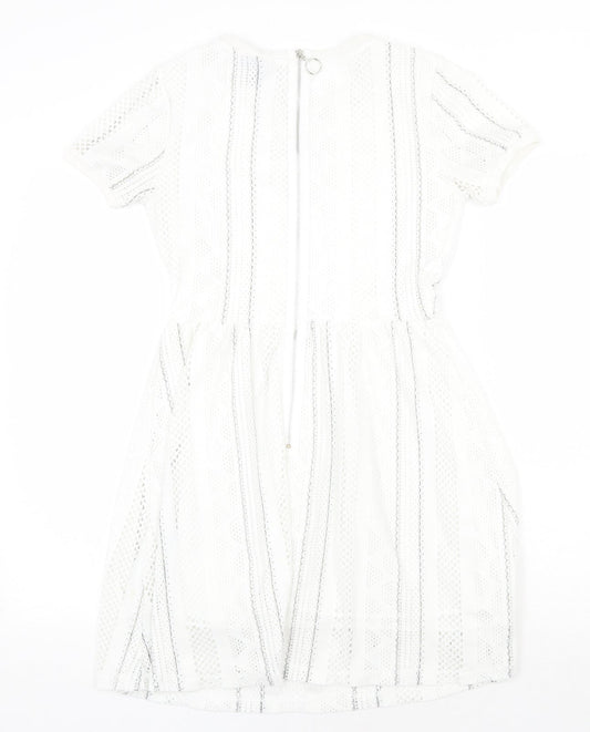 Topshop Womens White Striped Polyester Fit & Flare Size 8 Round Neck Zip