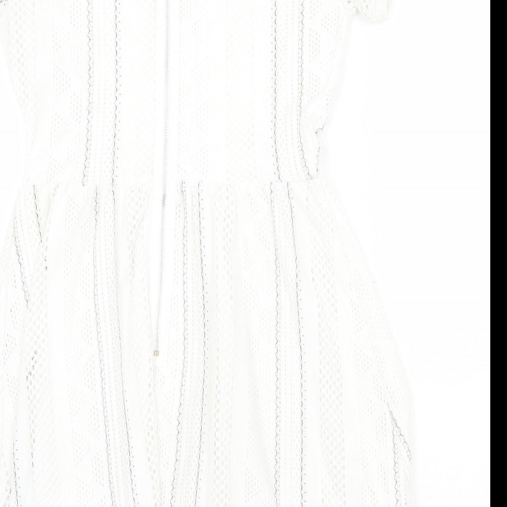 Topshop Womens White Striped Polyester Fit & Flare Size 8 Round Neck Zip