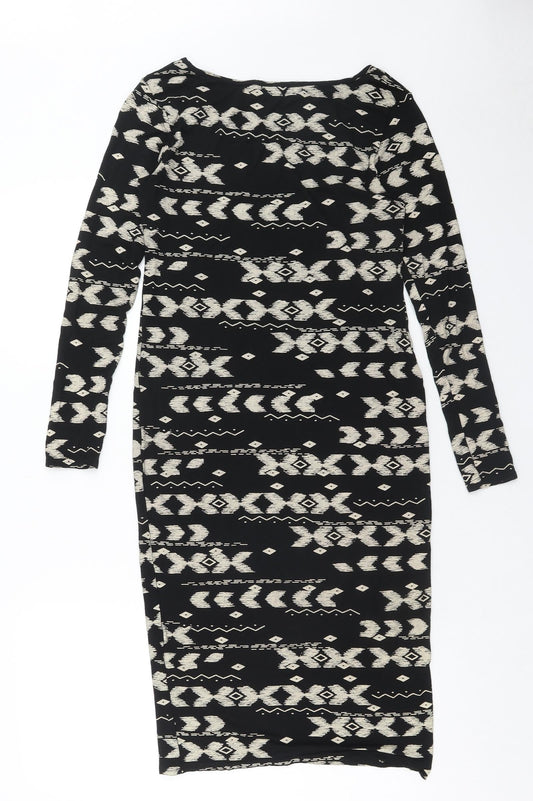 High Rose Womens Black Geometric Viscose Bodycon Size S Boat Neck Pullover