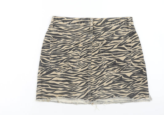 Denim & Co. Womens Brown Animal Print Cotton Mini Skirt Size 10 Button - Tiger Print