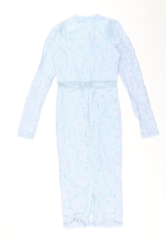 PRETTYLITTLETHING Womens Blue Polyamide Pencil Dress Size 6 Round Neck Zip