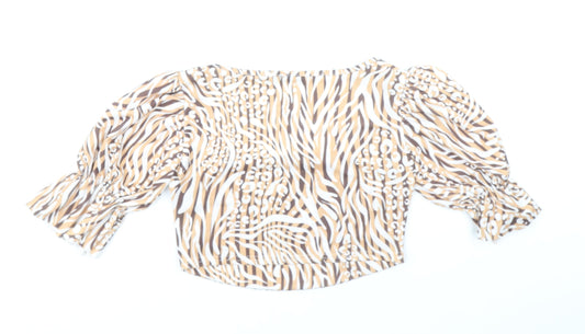 Boohoo Womens Beige Animal Print Polyester Cropped Blouse Size 10 Square Neck - Leopard Tiger Print