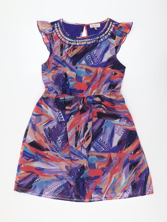 Be Beau Womens Multicoloured Geometric Polyester Fit & Flare Size 12 Boat Neck Button - Embellished Neckline