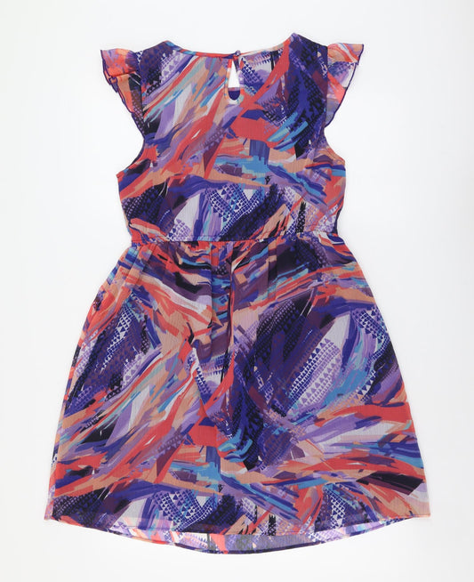 Be Beau Womens Multicoloured Geometric Polyester Fit & Flare Size 12 Boat Neck Button - Embellished Neckline