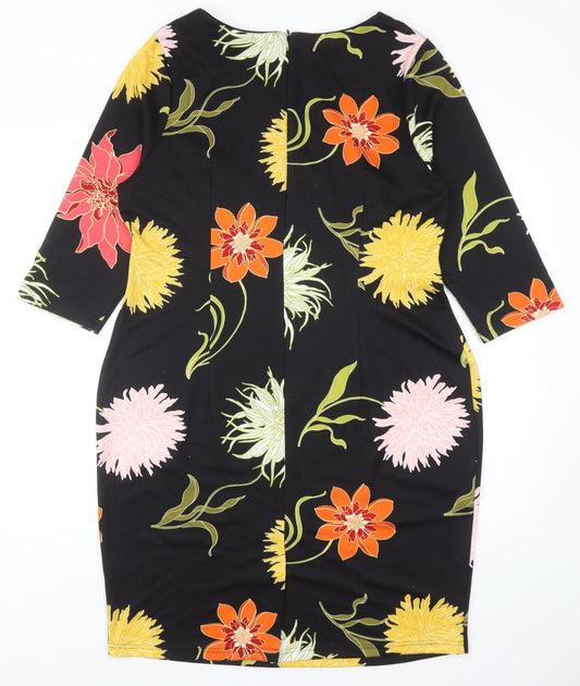Soon Womens Black Floral Polyester Sheath Size 8 Boat Neck Zip