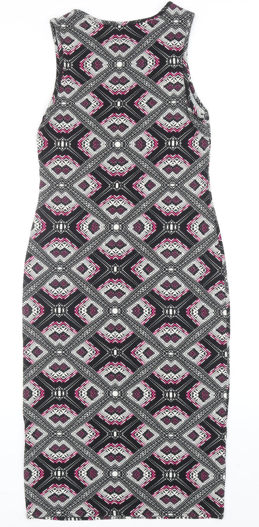 Miss Selfridge Womens Black Geometric Viscose Tank Dress Size 10 Boat Neck Pullover