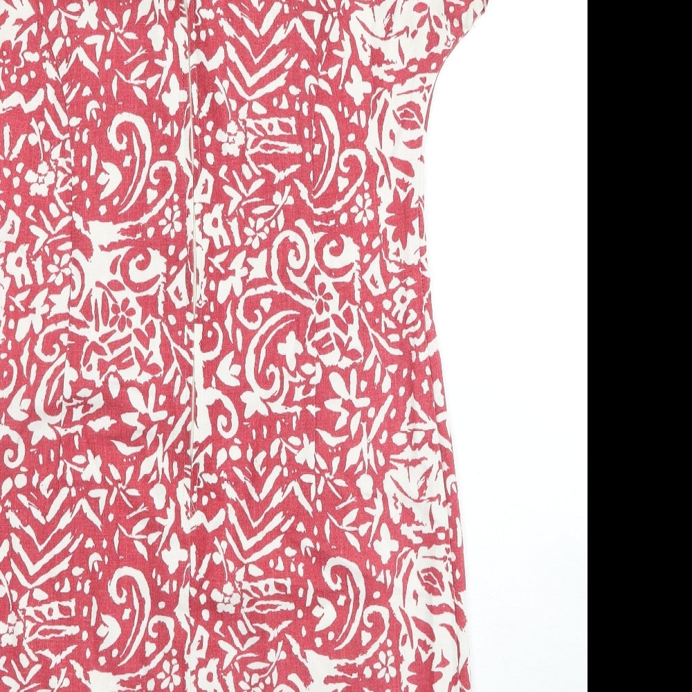 Preworn Womens Red Geometric Viscose Sheath Size 12 Scoop Neck Zip