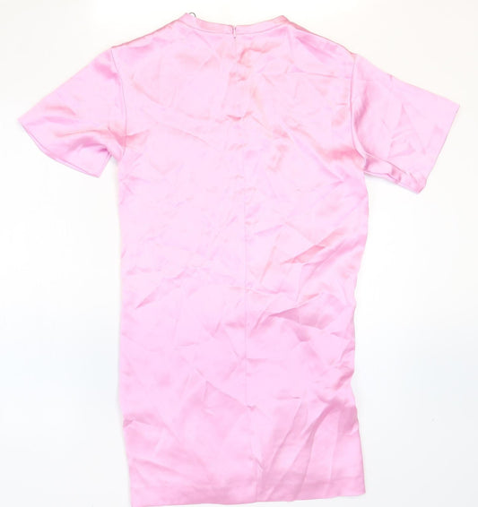 Zara Womens Pink Polyester T-Shirt Dress Size S Crew Neck Zip - Twist Detail