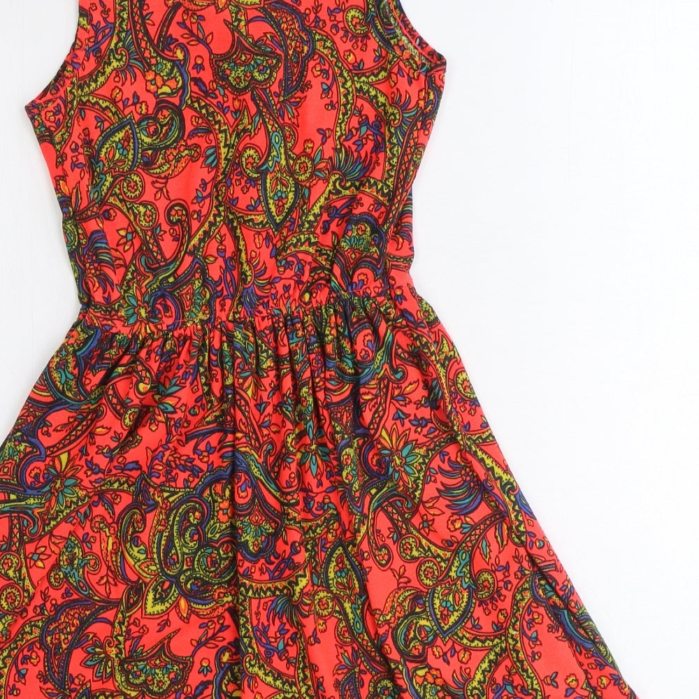 Topshop Womens Orange Paisley Polyester Fit & Flare Size 8 Scoop Neck Tie
