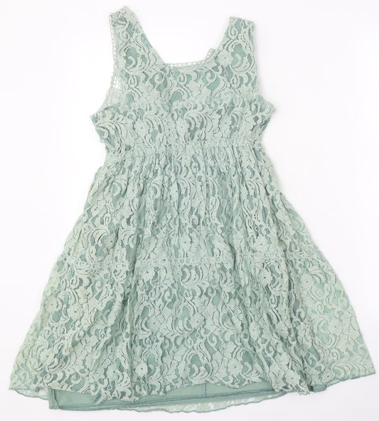 New Look Womens Green Cotton Skater Dress Size 8 Scoop Neck Pullover