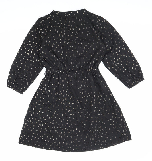 Yumi Womens Black Geometric Polyester Shirt Dress Size 6 V-Neck Pullover