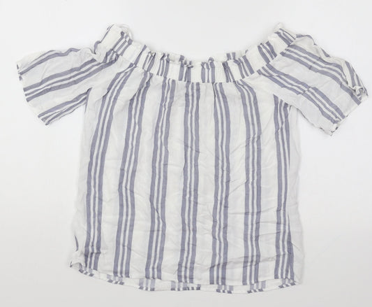 F&F Womens White Striped Cotton Basic Blouse Size 8 Boat Neck