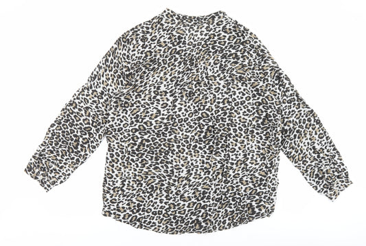Alexara Womens Brown Animal Print Viscose Basic Blouse Size L V-Neck - Leopard Print