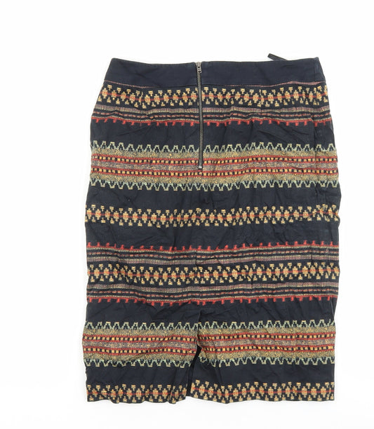 Marks and Spencer Womens Black Geometric Cotton A-Line Skirt Size 8 Zip