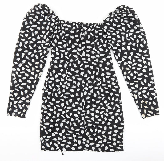 PRETTYLITTLETHING Womens Black Geometric Polyester Bodycon Size 8 Square Neck Pullover