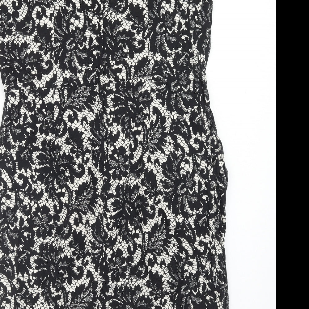 Dorothy Perkins Womens Black Floral Cotton Pencil Dress Size 14 Boat Neck Zip - Lace Overlay