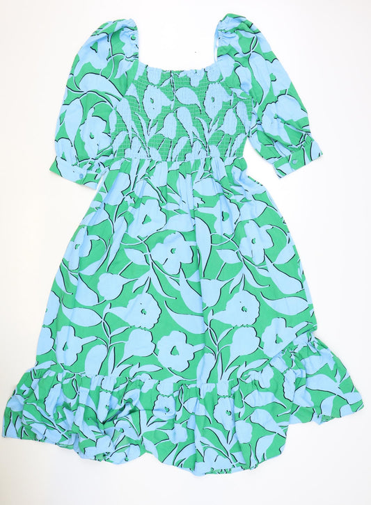 Marks and Spencer Womens Blue Geometric Viscose A-Line Size 10 Square Neck - Shirred Top