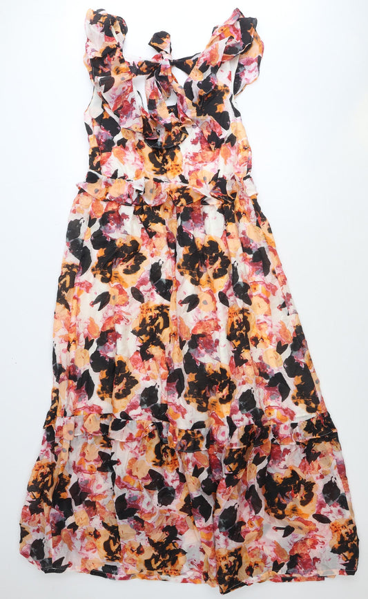 Marks and Spencer Womens Multicoloured Floral Lyocell Fit & Flare Size 10 V-Neck Tie