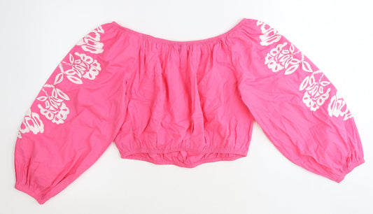 Marks and Spencer Womens Pink 100% Cotton Cropped Blouse Size 16 Boat Neck - Floral Detail