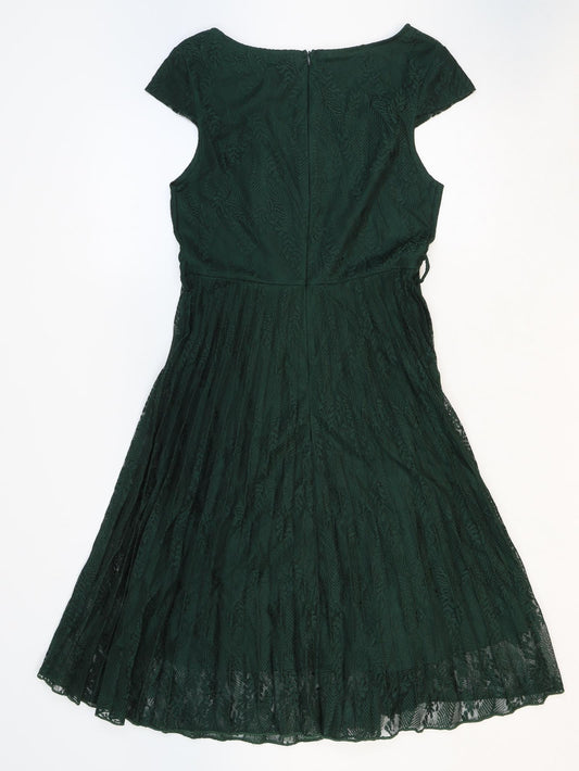 SheIn Womens Green Polyester A-Line Size 6 Boat Neck Zip - Cap Sleeve