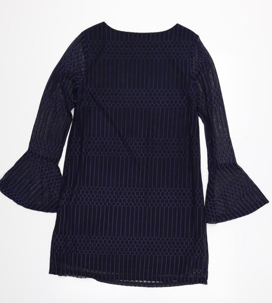 Mela London Womens Blue Geometric Polyester Shift Size 8 Boat Neck Pullover