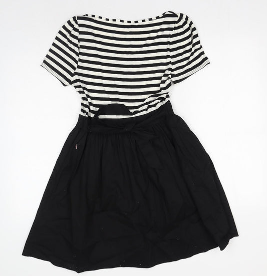 F&F Womens Black Striped Viscose Skater Dress Size 14 Round Neck Zip