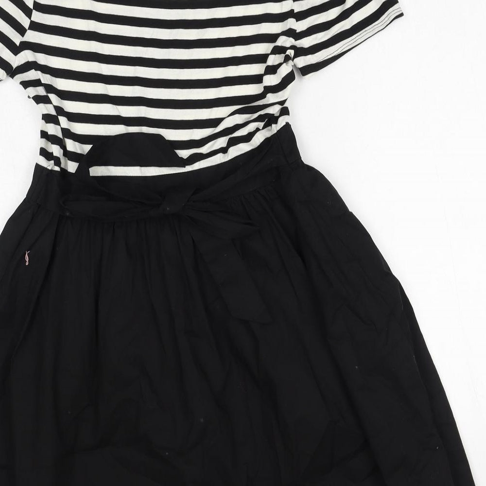 F&F Womens Black Striped Viscose Skater Dress Size 14 Round Neck Zip